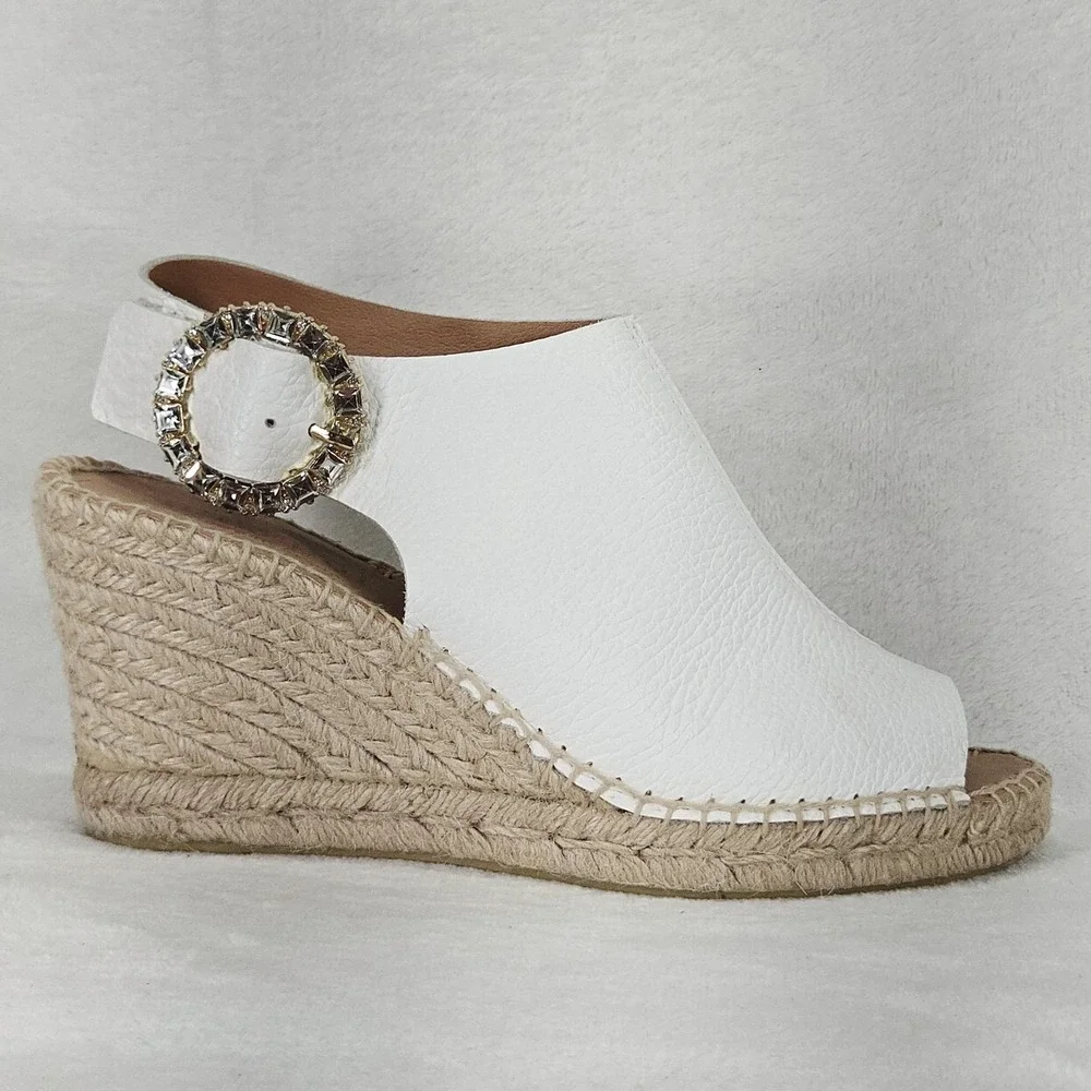 Maypol Sandal Womens 8.5 White Leather Espadrille Wedge Rhinestone Anthropologie